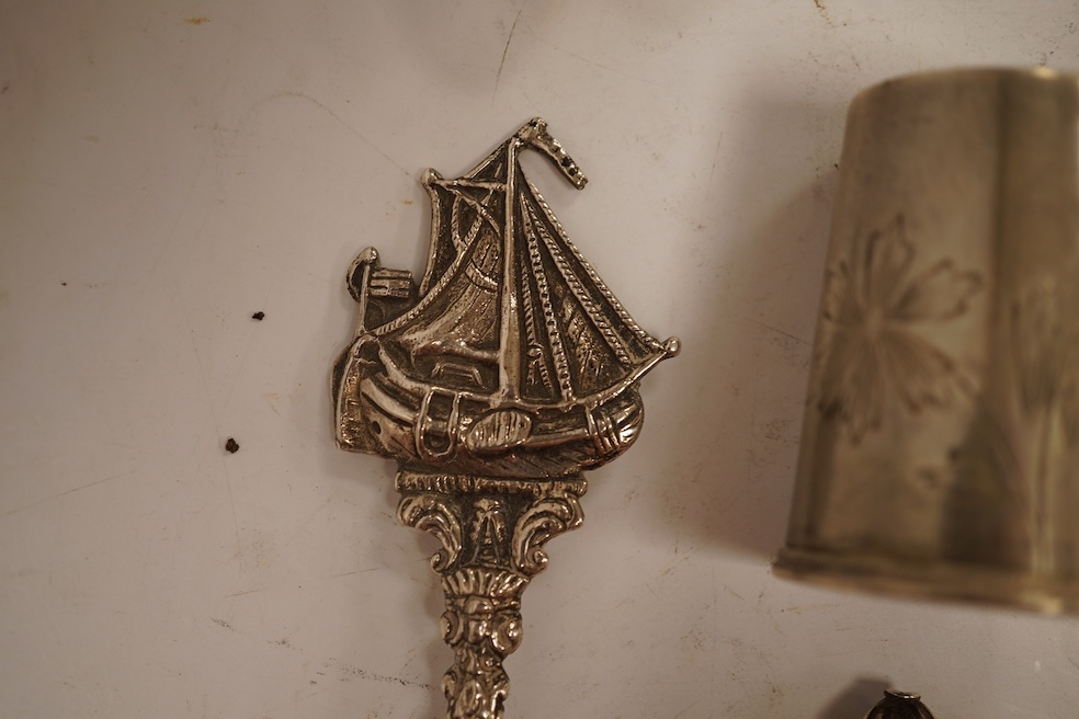A small quantity of assorted mainly 19th century and later small flatware including teaspoons, coffee spoons and condiment spoons, various dates and makers, a Dutch? white metal spoon and a Victorian silver christening t